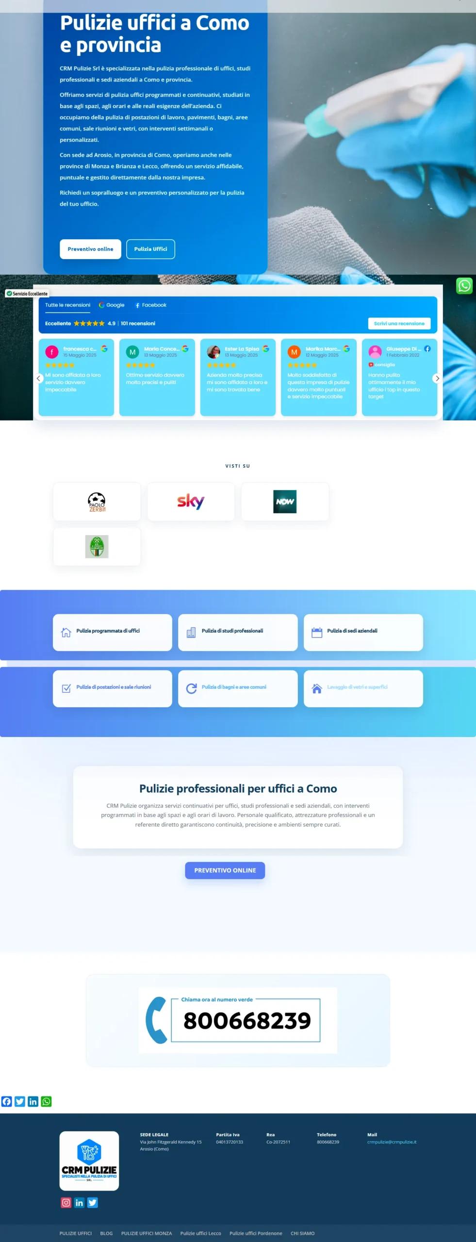 La pagina di CRM Pulizie, dall'alto in basso